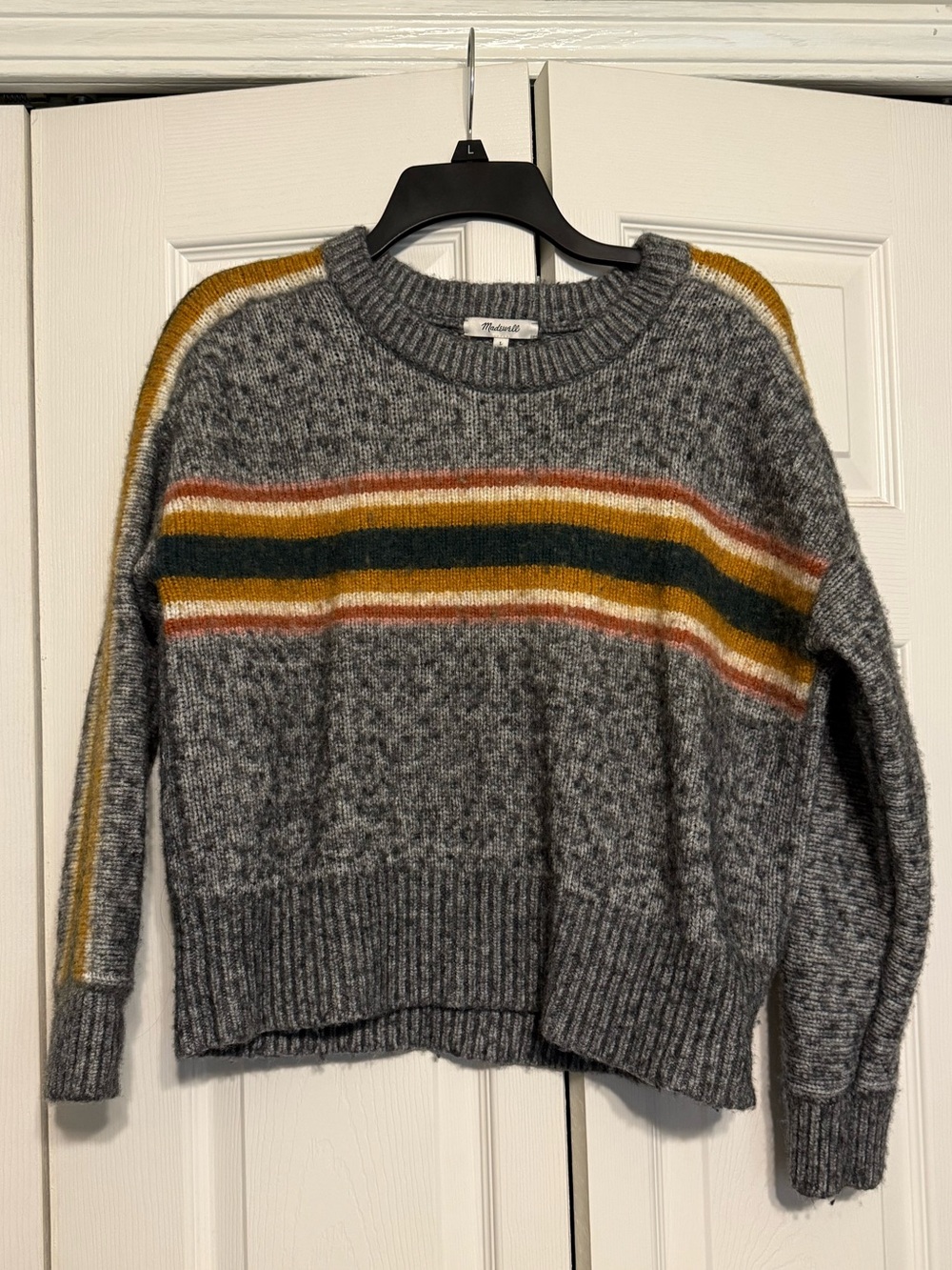 Madewell Gray Crewneck Sweater with Mustard & Forest Stripes